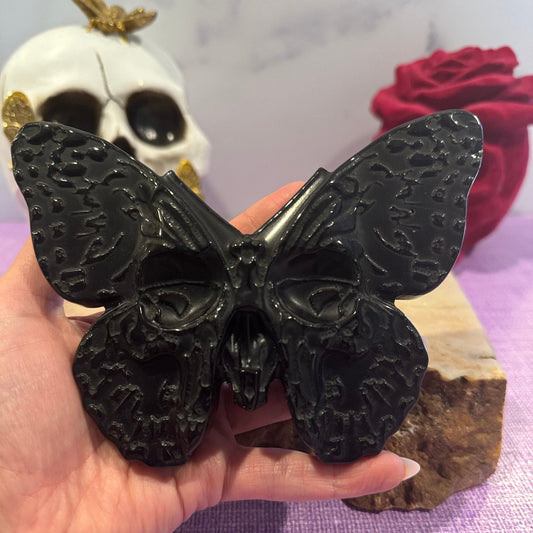 Black Obsidian Butterfly Skull Carving