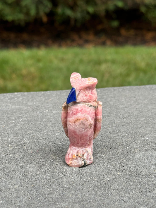 Rhodochrosite Owl Carving w/ Sodalite Beak