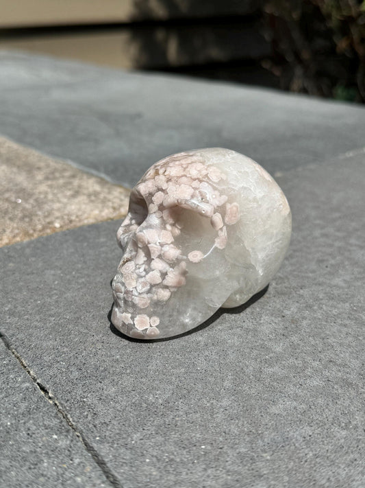 Flower Agate & Quartz Skull Carving