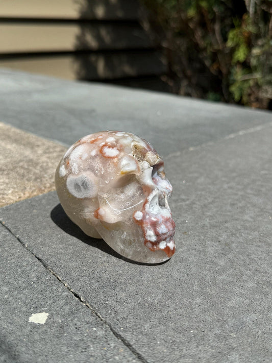 Druzy Cherry Blossom Flower Agate Skull Carving