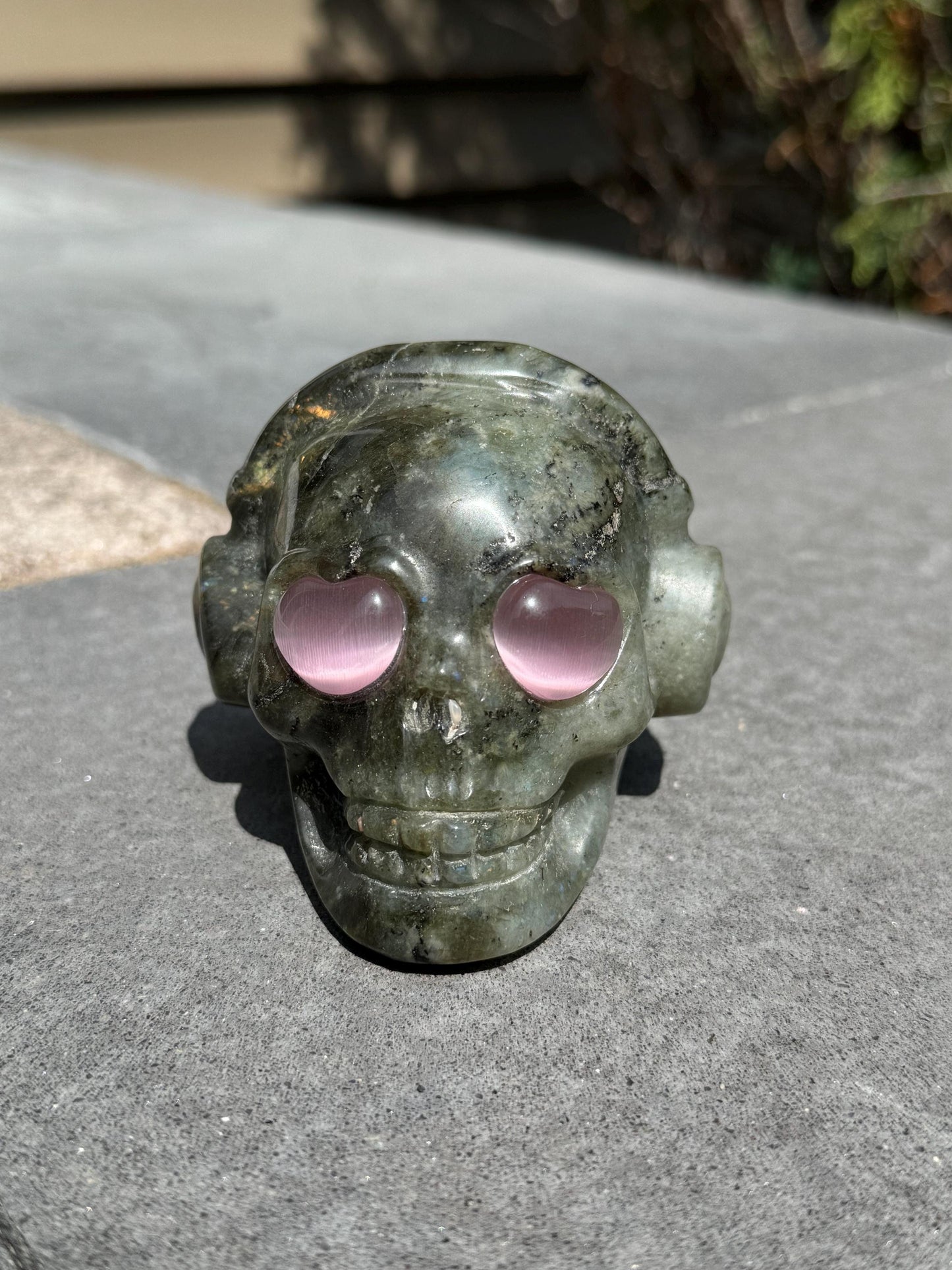 Labradorite Skull Carving w/ Pink Cats Eye Accents