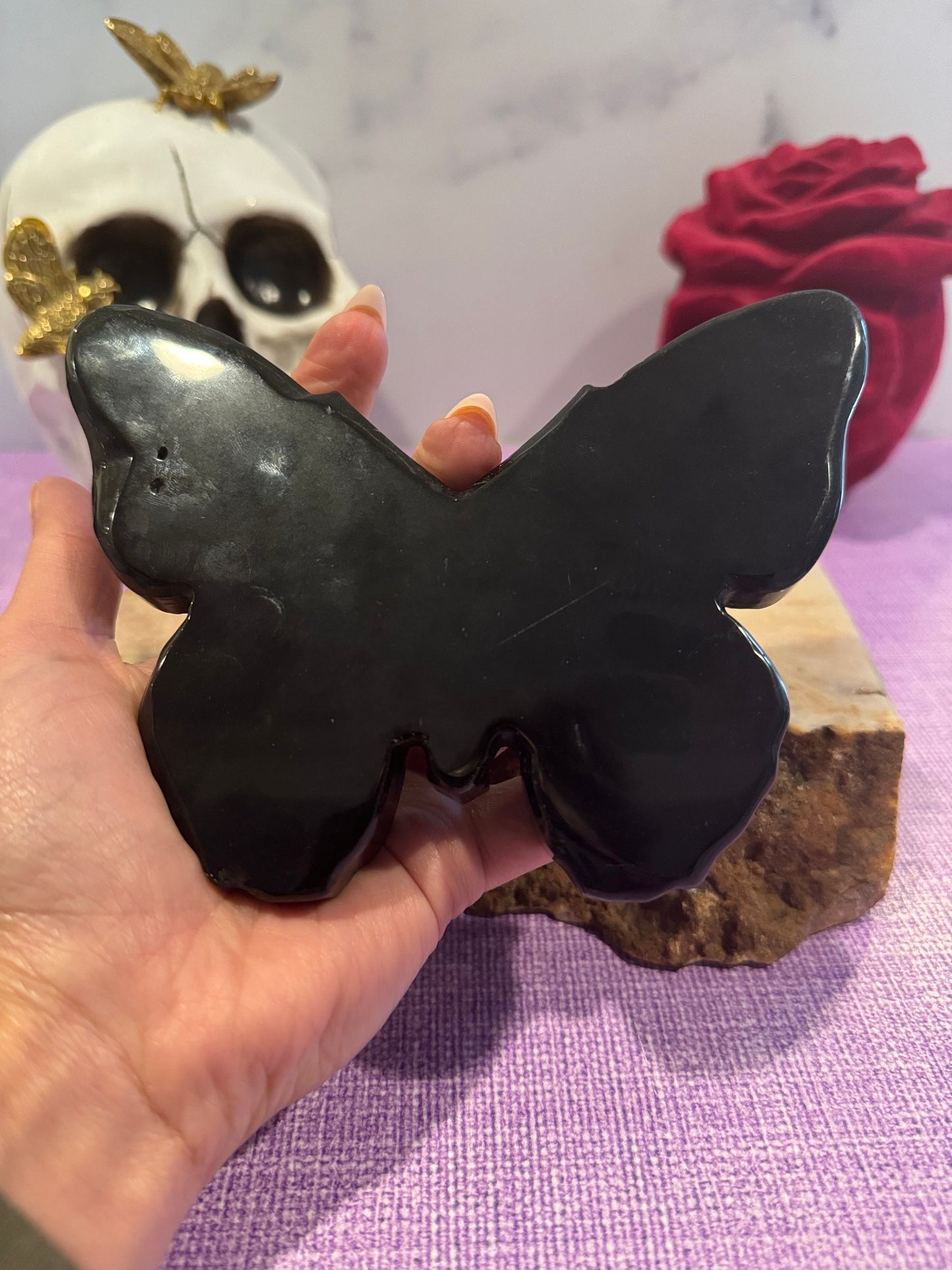 Black Obsidian Butterfly Skull Carving