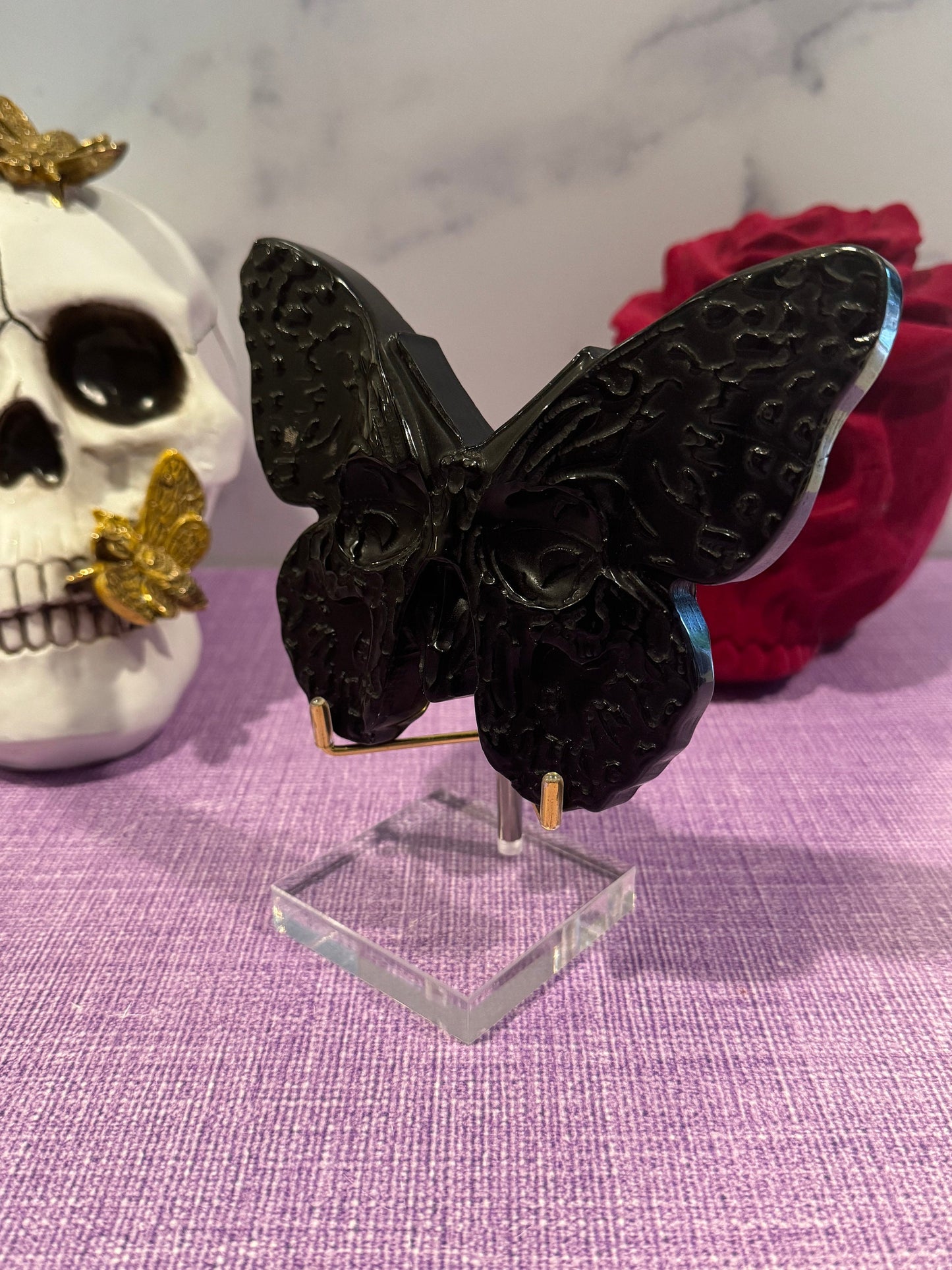Black Obsidian Butterfly Skull Carving