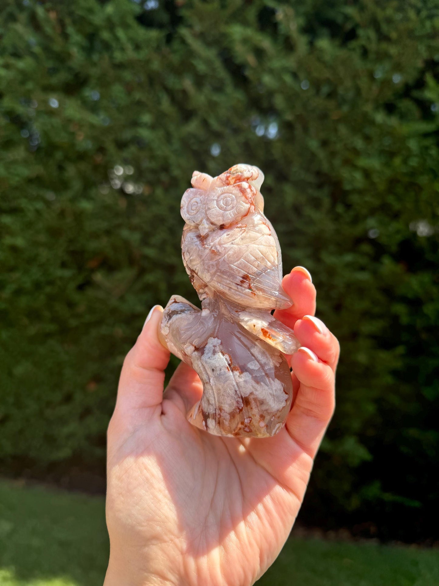 Cherry Blossom Flower Agate Owl Carving