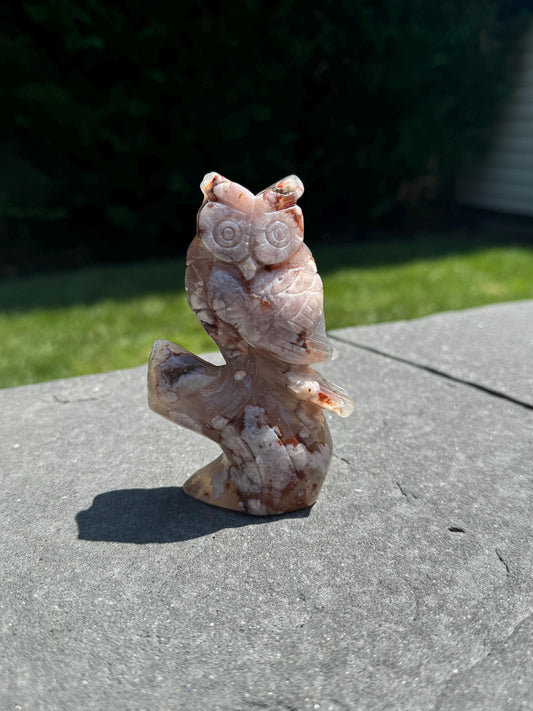Cherry Blossom Flower Agate Owl Carving