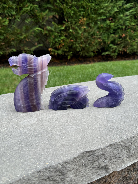 Banded Purple Fluorite 3 Piece Dragon Carving