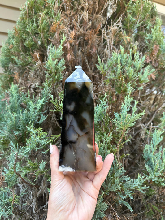 Black Flower Agate & Quartz Obelisk (6.5")