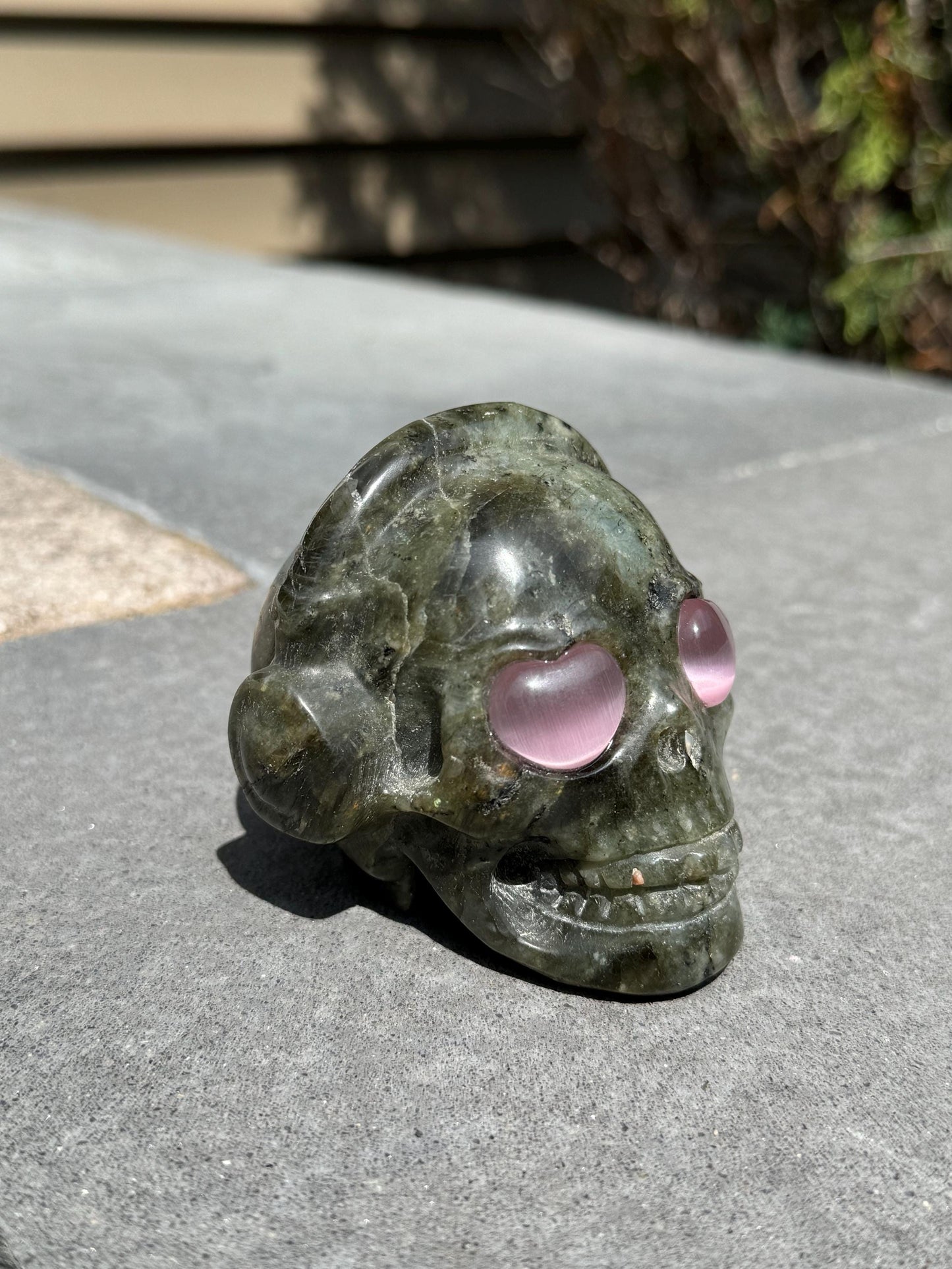 Labradorite Skull Carving w/ Pink Cats Eye Accents
