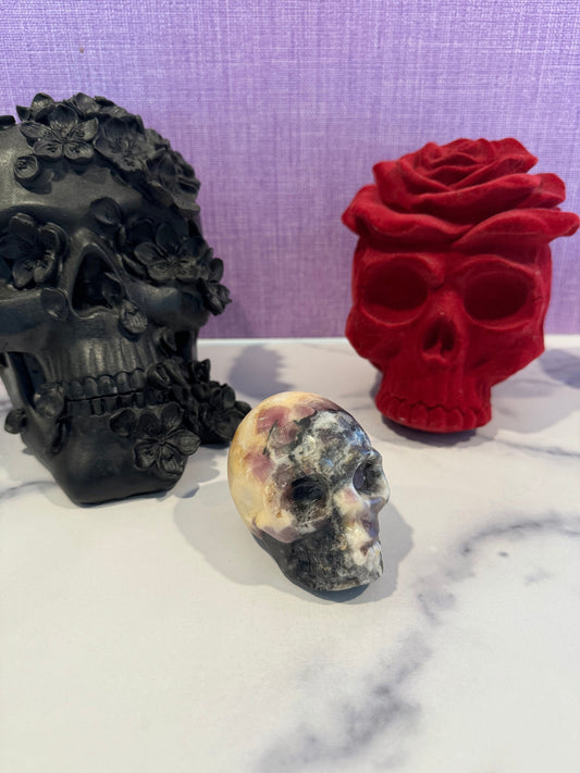 Purple Sphalerite & Orange Calcite Skull Carving (3")