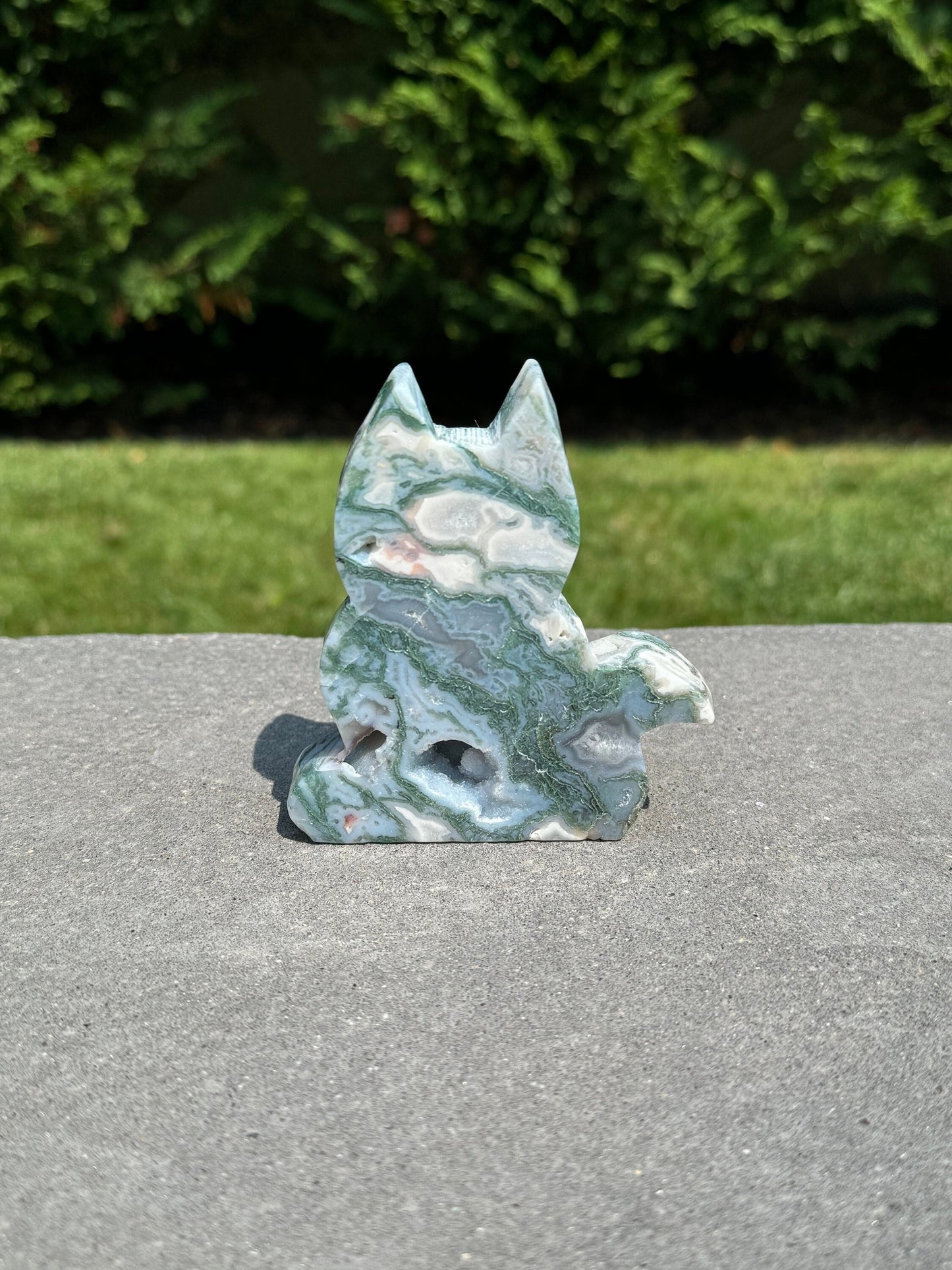 Druzy Pink Moss Agate Cat Carving