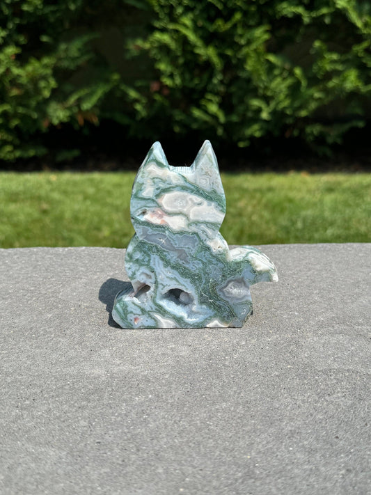 Druzy Pink Moss Agate Cat Carving