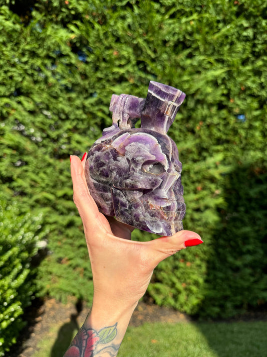 Chevron Amethyst Skull & Axe Carving (4.5")