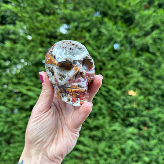 Mexican Crazy Lace Agate Skull Carving