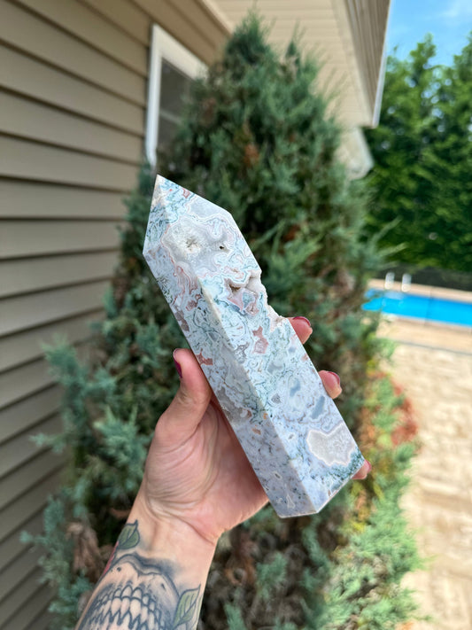 XL Druzy Pink Moss Agate Tower
