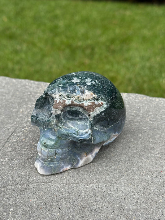 Druzy Moss Agate Skull Carving