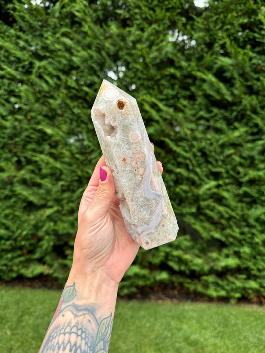 High Quality Green Quartz & Flower Agate Druzy Tower