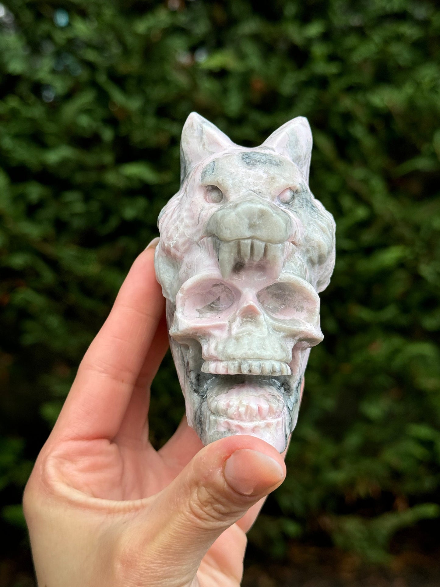 Pink Opal Skull & Wolf Head Carving