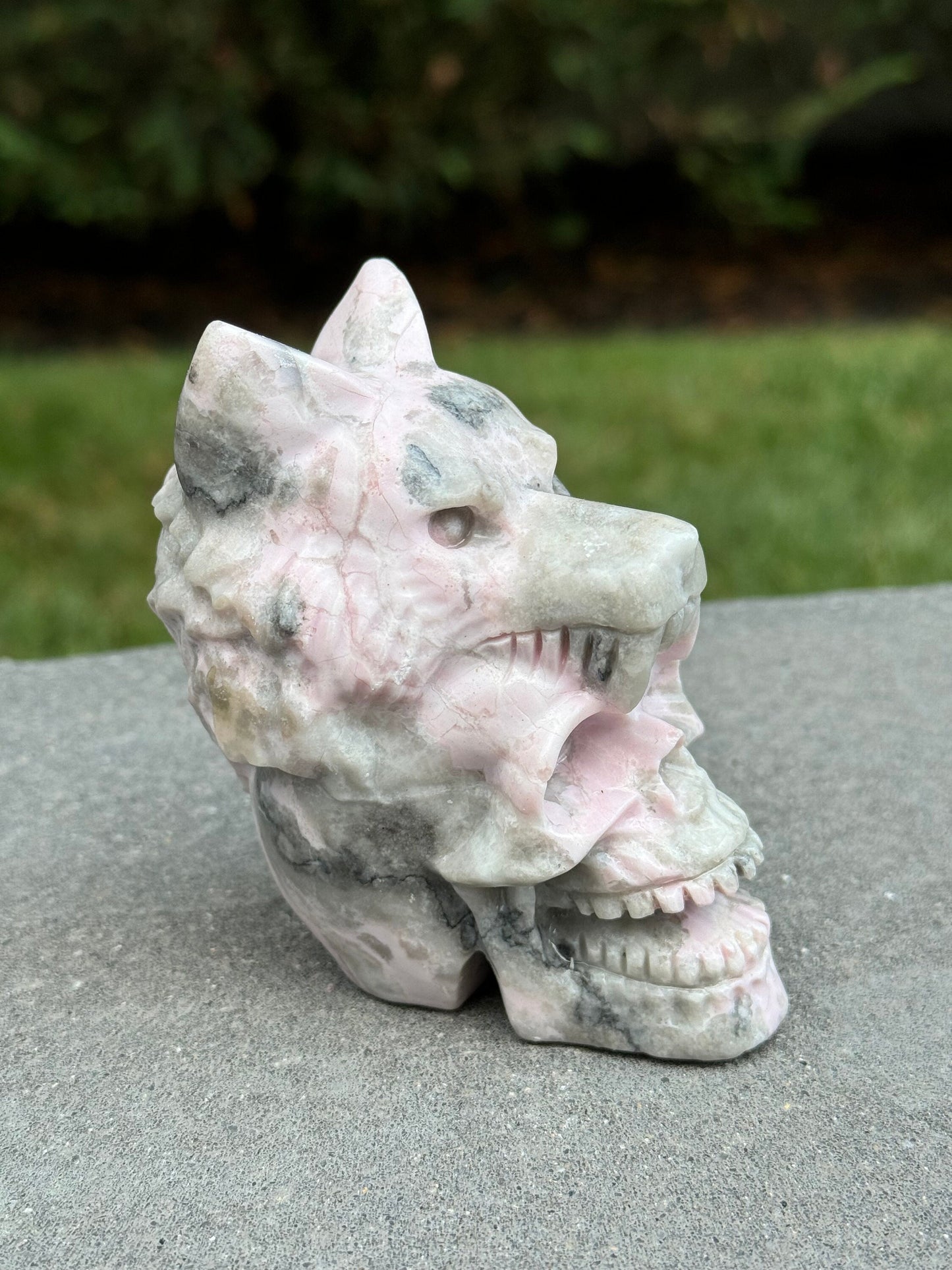 Pink Opal Skull & Wolf Head Carving