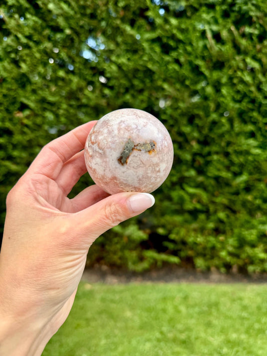 Pink Amethyst & Pyrite Sphere w/ Cherry Blossom Flower Agate (57MM)
