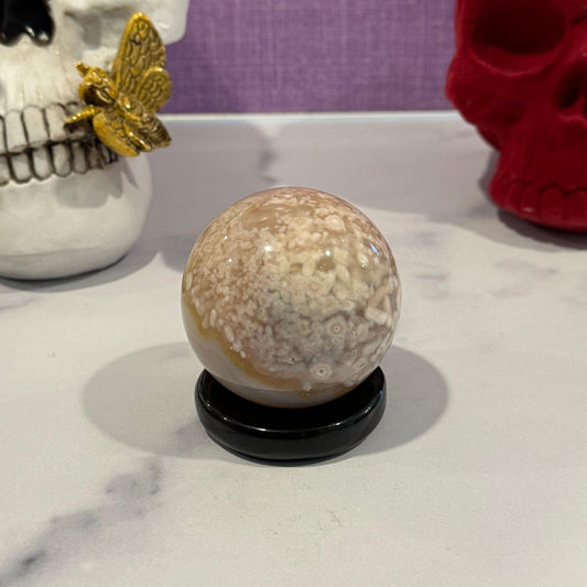 Flower Agate Crystal Sphere – Stunning Flower Plumes & Banding, Healing Stone, Spiritual Decor, Unique Crystal Gift, Reiki Energy Stone