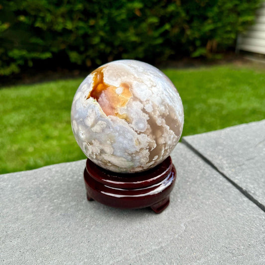 Pink Purple Amethyst 87MM Crystal Sphere w/ Carnelian, Green Flower Agate, Healing Crystal Ball, Spiritual Energy Stone, Flower Agate Sphere