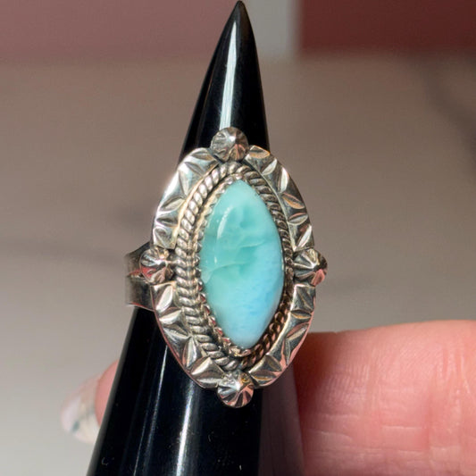 Larimar Marquis Sterling Silver Ring: Size 6 • Natural Caribbean Gemstone