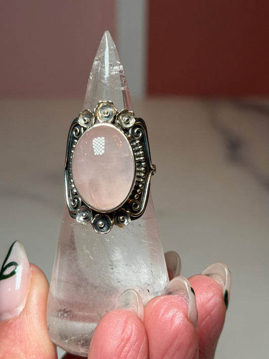 Rose Quartz Sterling Silver Floral Ring: 925 Silver • Size 7 • Romantic Gemstone Jewelry