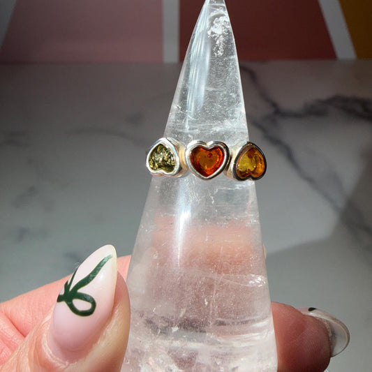 Multi-Stone Triple Amber Heart Sterling Silver Ring: Size 6.75 • Red, Yellow & Green Amber