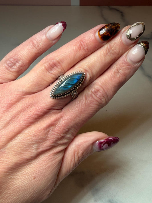 Flashy Labradorite Marquis Ring: 925 Sterling Silver • Size 6.5