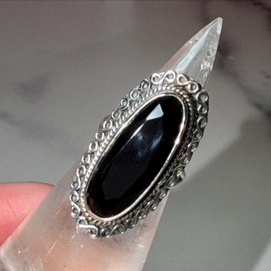 Faceted Black Onyx Statement Ring: 925 Sterling Silver • Size 6.75